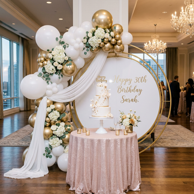 Luxury birthday balloon arch and cake table setup